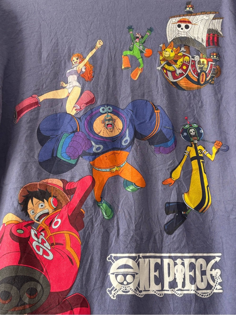 One Piece Graphic Tee in Lavender with Colorful Character Print - Size Large
